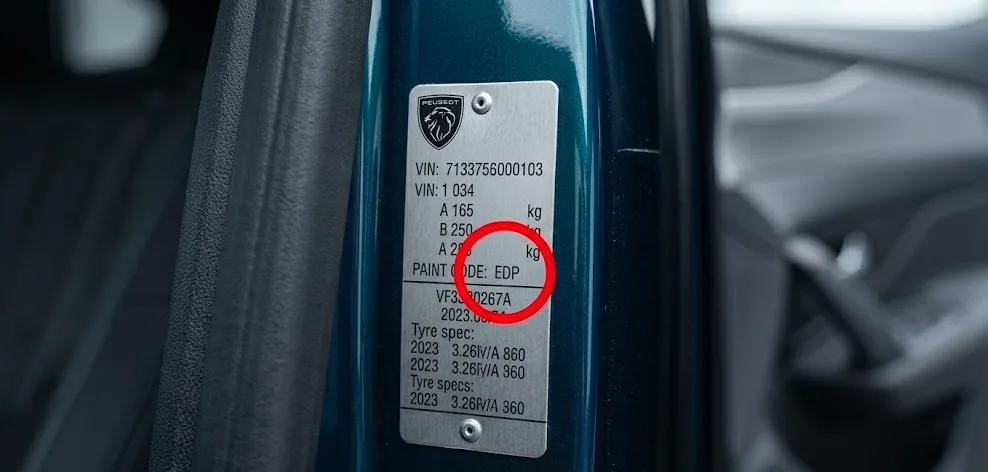 Étiquette d'identification constructeur Peugeot sur le montant de portière avant gauche avec le code peinture EDP encerclé en rouge