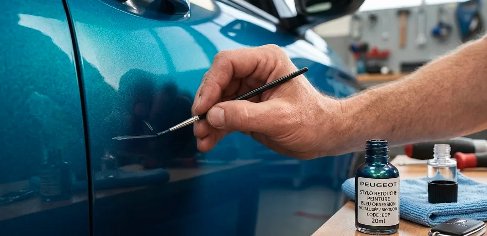 Réparation d'une rayure sur carrosserie Bleu Obsession : main appliquant un stylo retouche EDP avec un flacon de peinture 20ml bien visible