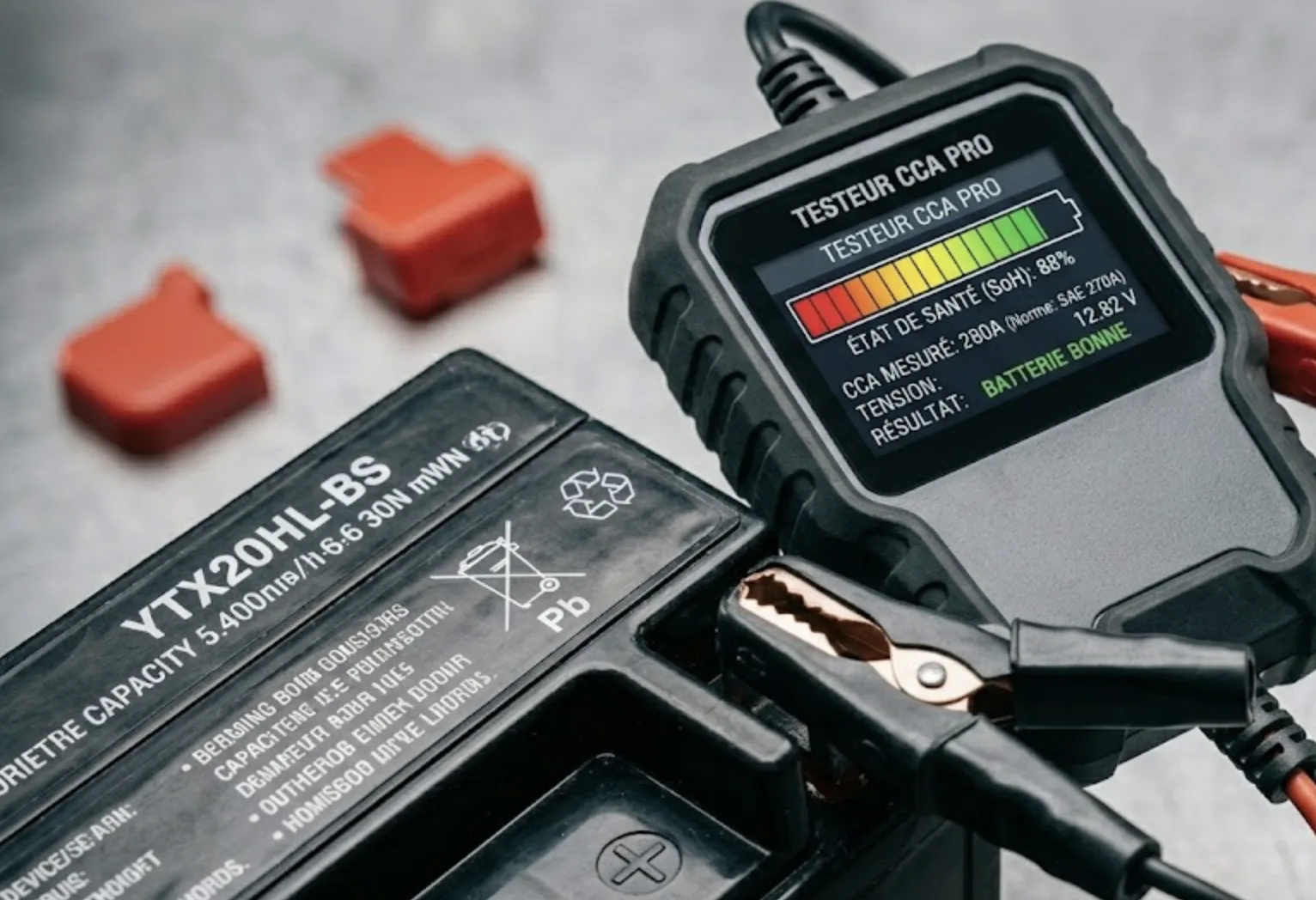 Multimètre branché sur batterie moto test de tension