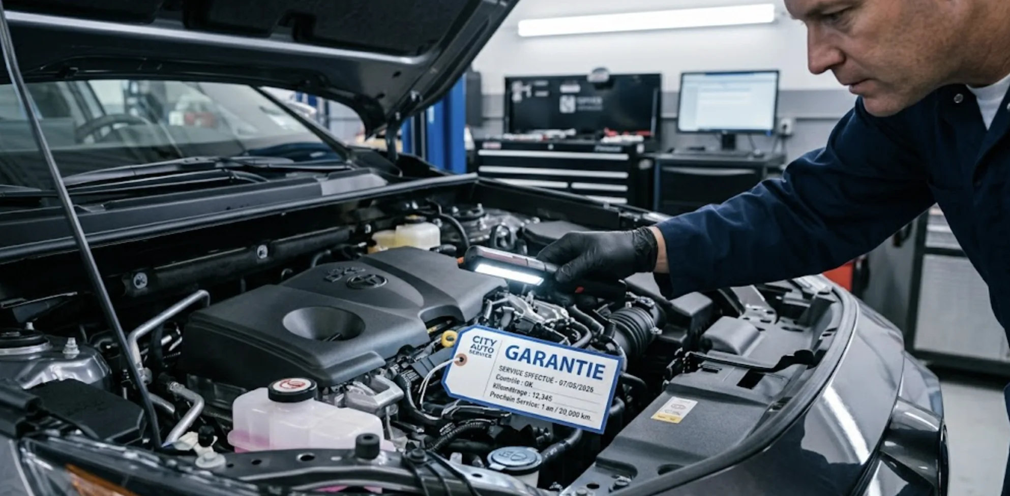 Détail d'un moteur de voiture d'occasion révisé sous garantie