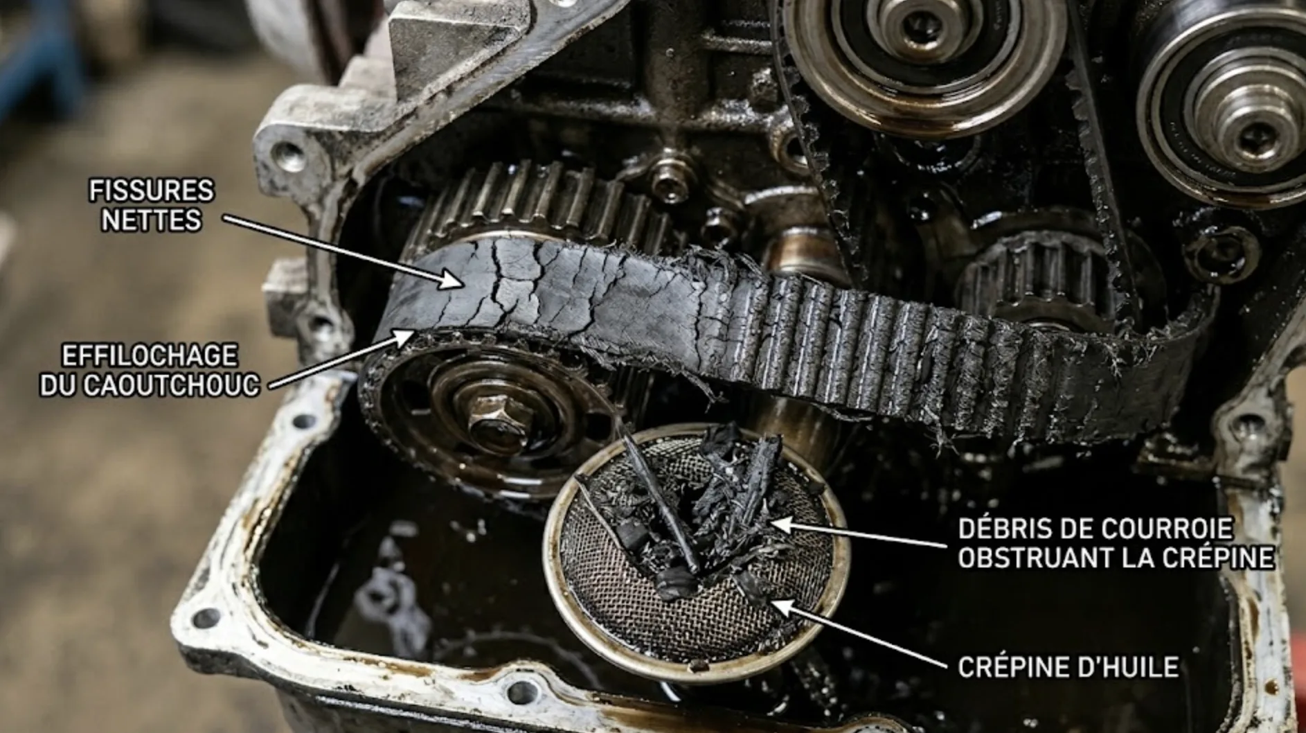 Gros plan d'une courroie de distribution immergée de moteur 1.2 PureTech Peugeot montrant des signes de dégradation : fissures, effilochage du caoutchouc et résidus obstruant la crépine d'huile