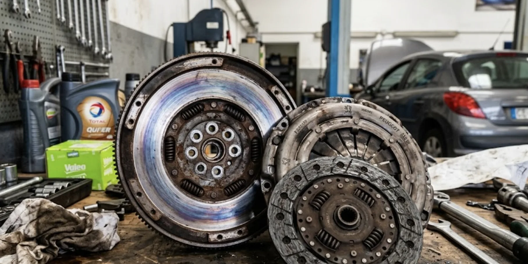 Kit d'embrayage Peugeot et volant moteur bi-masse usés sur établi de garage, symbolisant les frais majeurs après 150 000 km