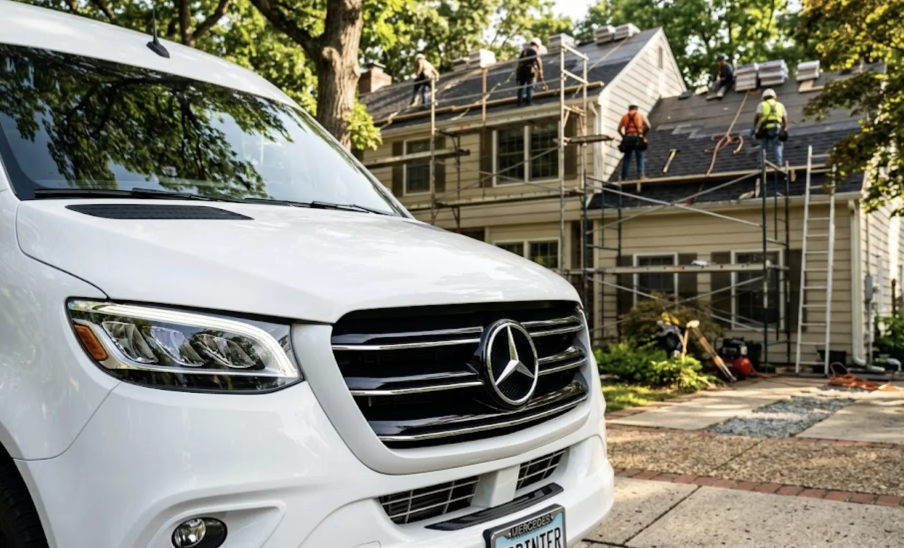 Grand SUV Mercedes sombre tractant une longue caravane blanche double essieu sur une route nationale