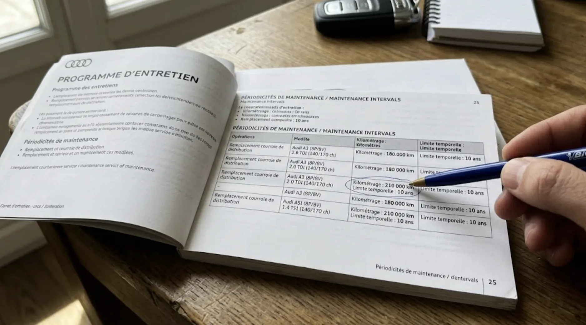 Carnet d'entretien Audi ouvert à la page des révisions périodiques avec la ligne de changement de courroie pour le moteur 2.0 TDI 140