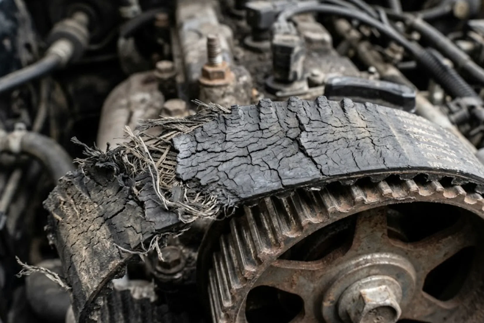 Schéma comparant une courroie de distribution en caoutchouc avec ses crans internes et une chaîne de distribution en acier pour le bloc TDI