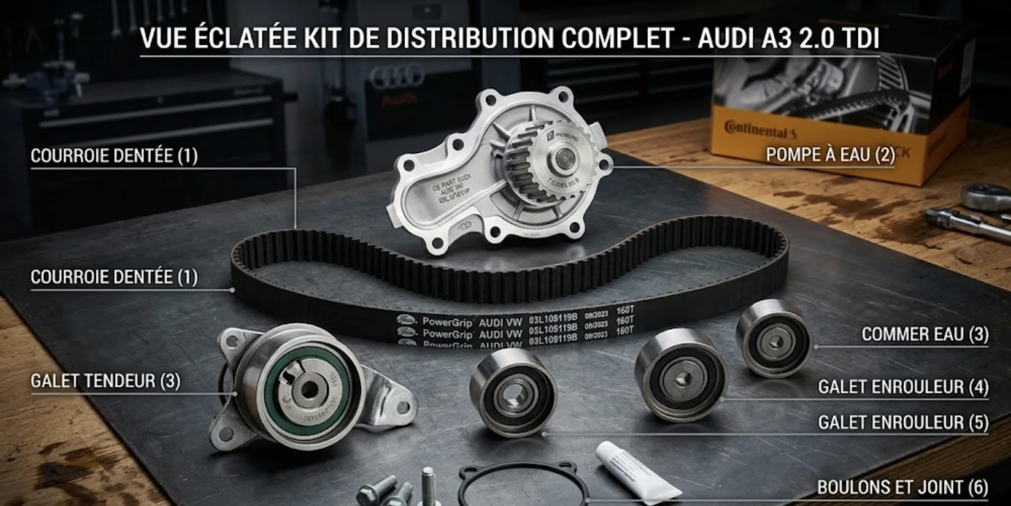 Kit de distribution neuf spécifique Audi A3 2.0 TDI : courroie crantée, pompe à eau et galets de tension disposés sur surface sombre