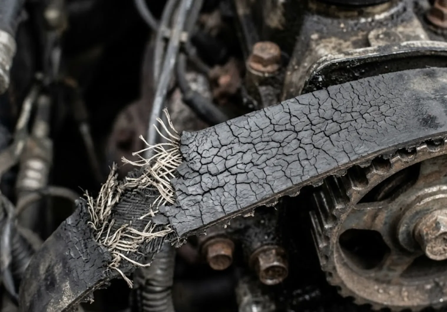 Gros plan d'une courroie de distribution usagée montrant des craquelures de vieillesse et des signes d'effilochage sur les bords du caoutchouc