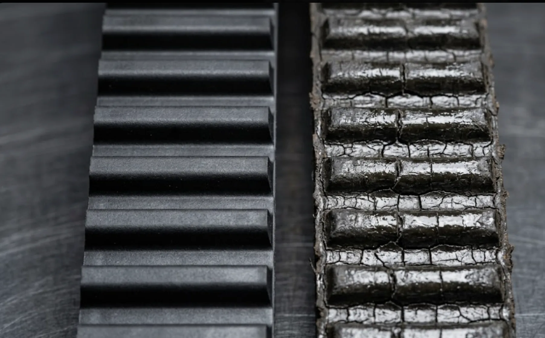 Comparaison entre une courroie de distribution neuve et une courroie usée présentant des craquelures