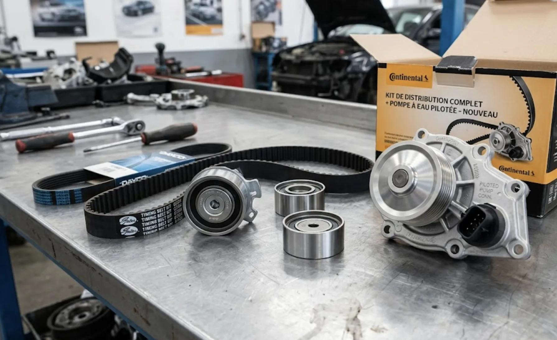 Contenu complet d'un kit de distribution Audi 2.0 TDI avec pompe à eau pilotée