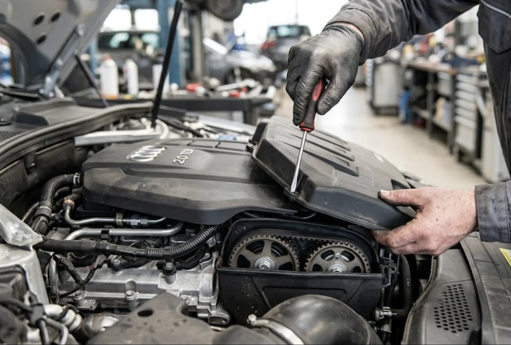 Mécanicien ouvrant le carter de protection pour inspecter la courroie de distribution Audi