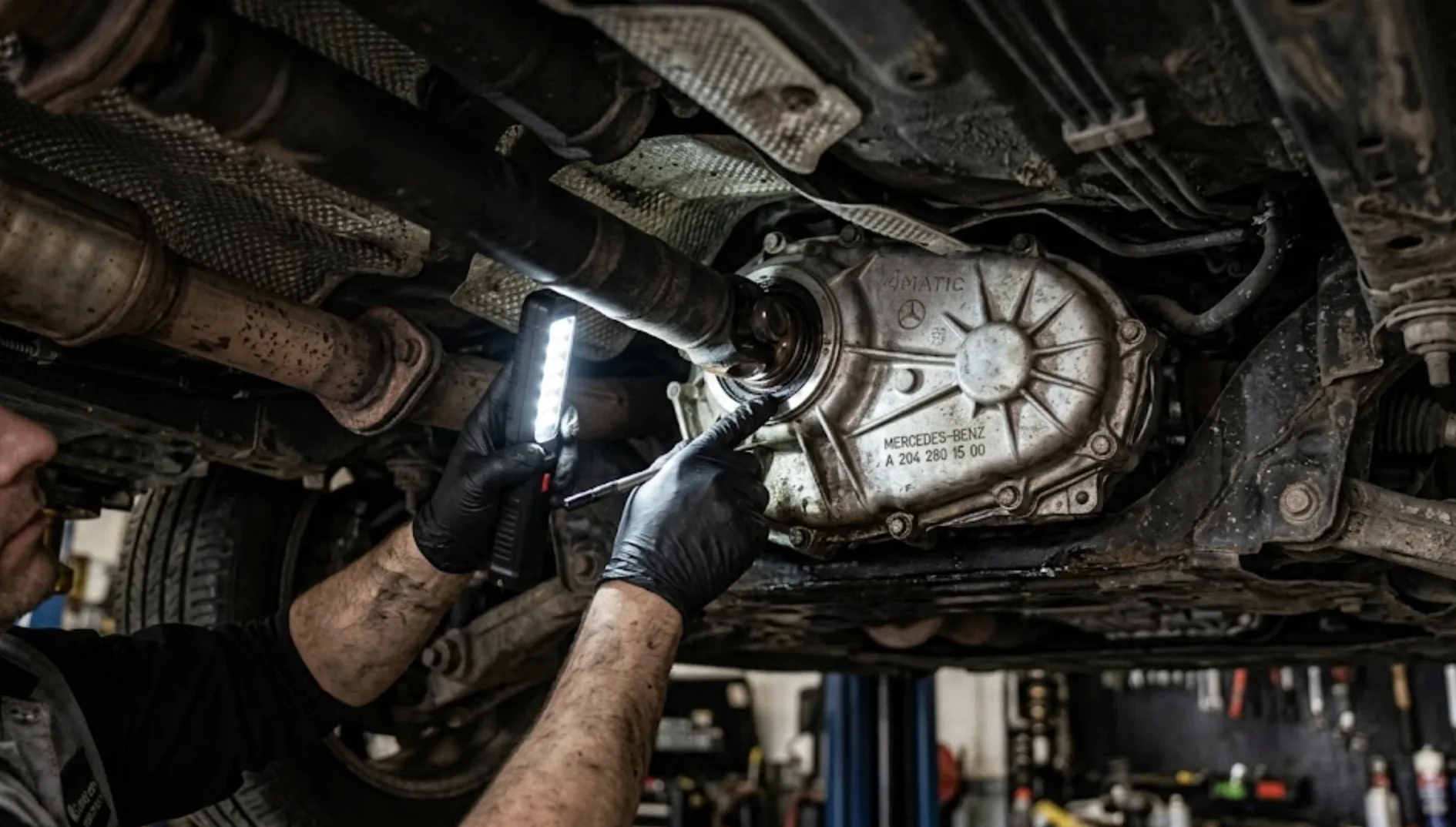 Dessous d'un Mercedes GLK 4MATIC avec boîte de transfert inspectée par un mécanicien avec lampe LED