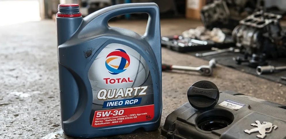 Schéma technique du carter moteur 1.2 PureTech montrant la courroie de distribution immergée dans l'huile et le risque de colmatage de la crépine