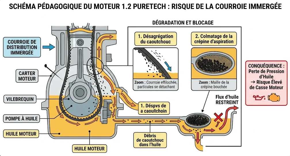 Vue de dessus du compartiment moteur d'une Peugeot 208 1.2 avec repère sur le bouchon de remplissage d'huile et la jauge de niveau