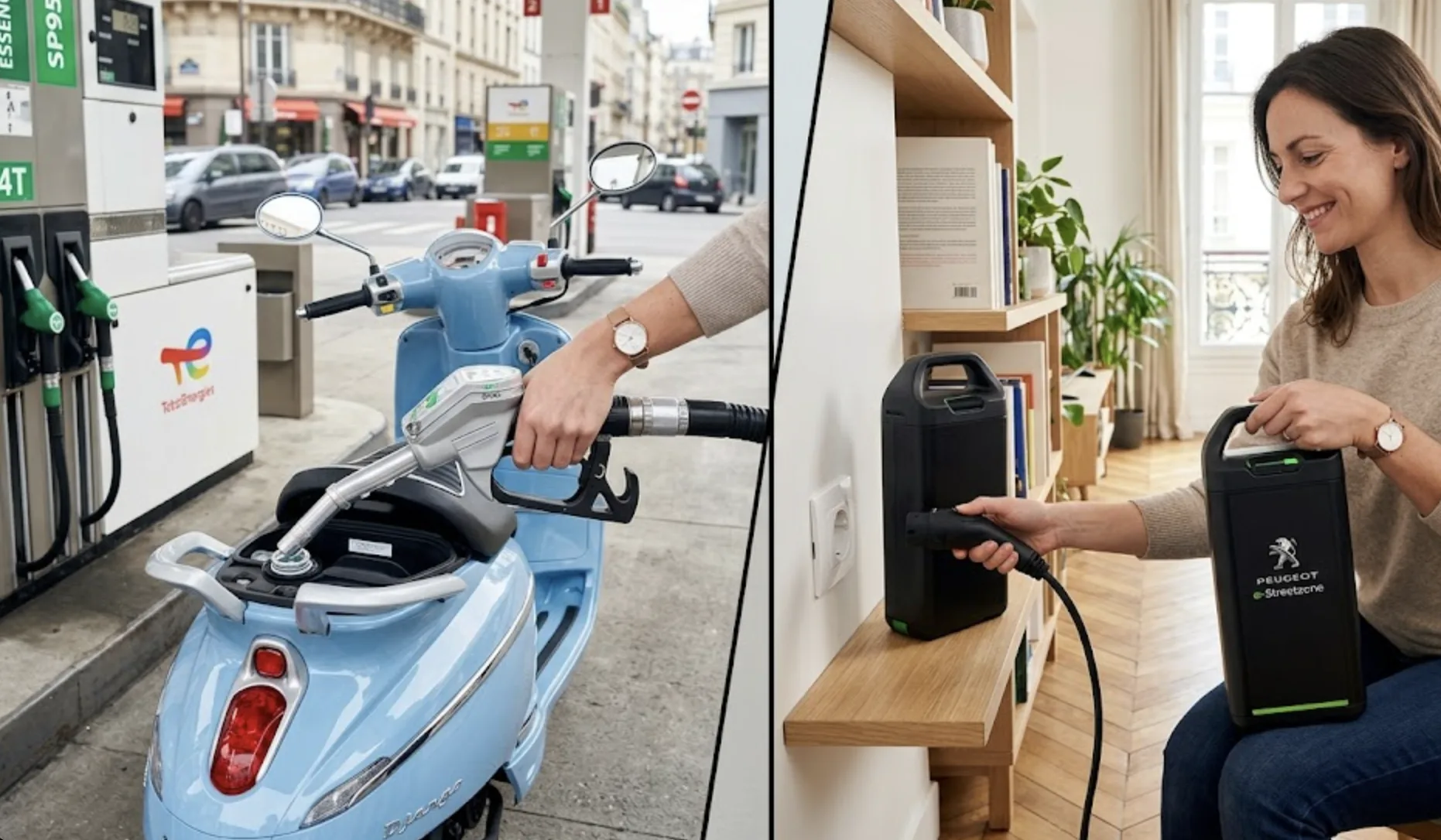 Comparaison entre un moteur scooter Peugeot 4 temps et une batterie électrique amovible