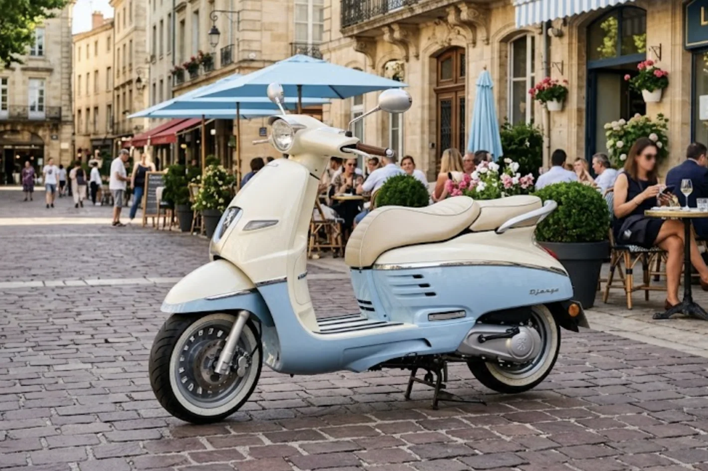 Scooter vintage Peugeot Django 50cc bicolore garé en ville