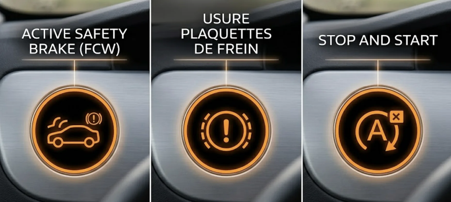 Comparatif visuel des voyants oranges circulaires de Peugeot : Active Safety Brake, usure des plaquettes de frein et Stop and Start